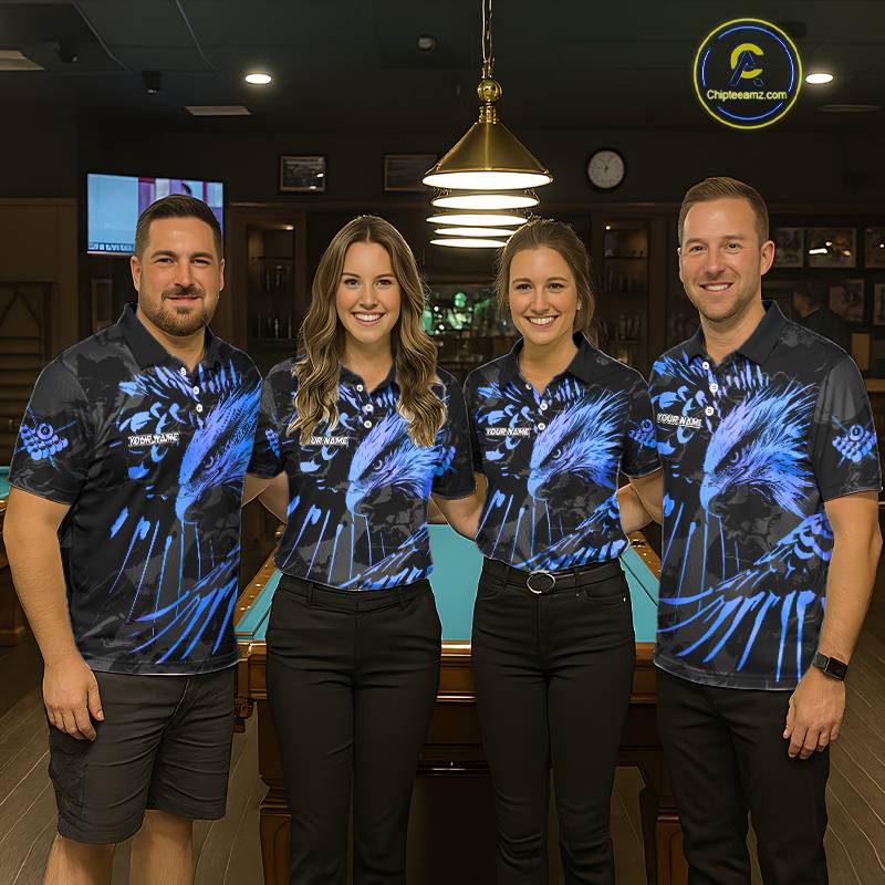 Custom Black And Blue 8 Ball Pool Eagle Paint Billiard Shirts For Men Team League Billiard Jerseys TDM5522