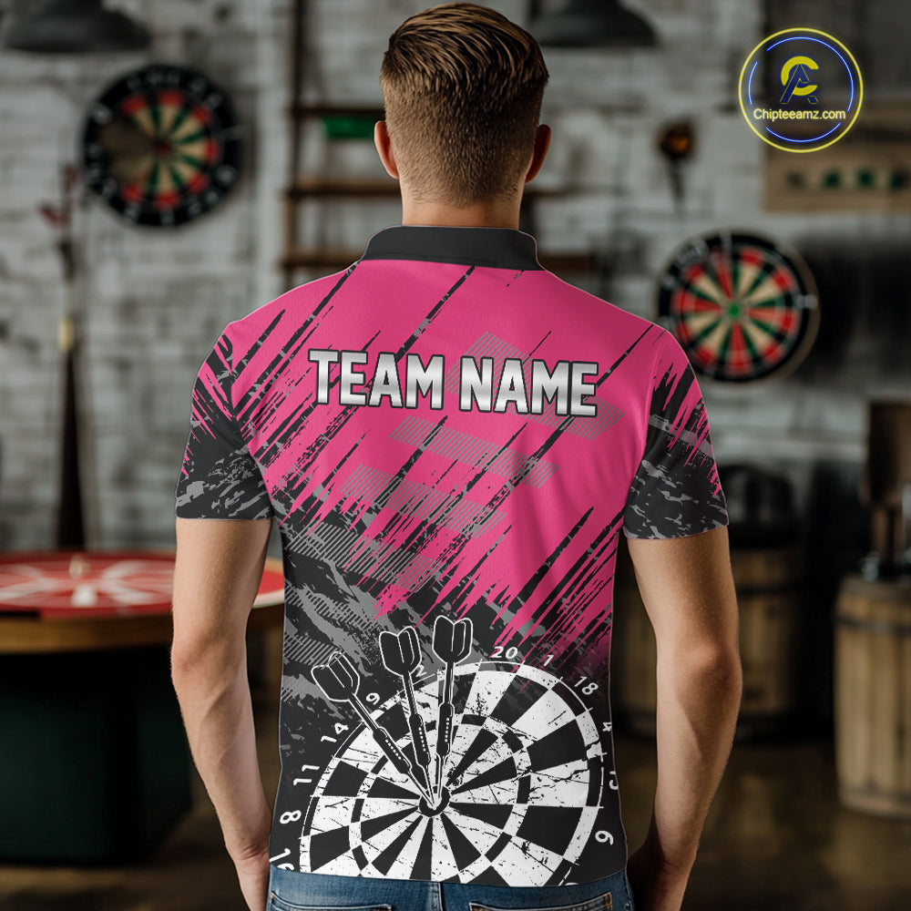 Pink Black Grunge Dart Shirts For Men Custom Dart Jersey With Pocket Option TDM6381