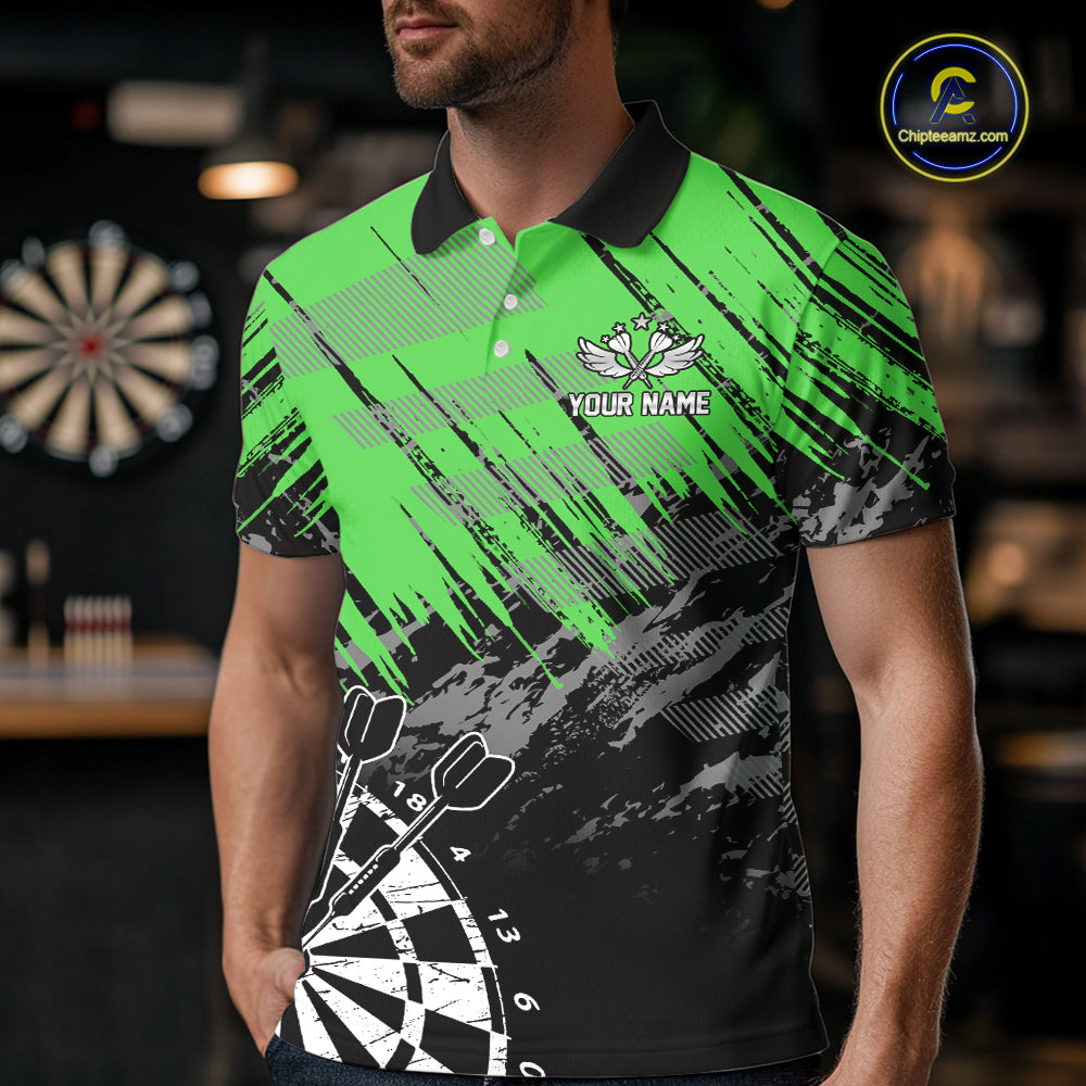 Green Black Grunge Dart Shirts For Men Custom Dart Jersey With Pocket Option TDM6382