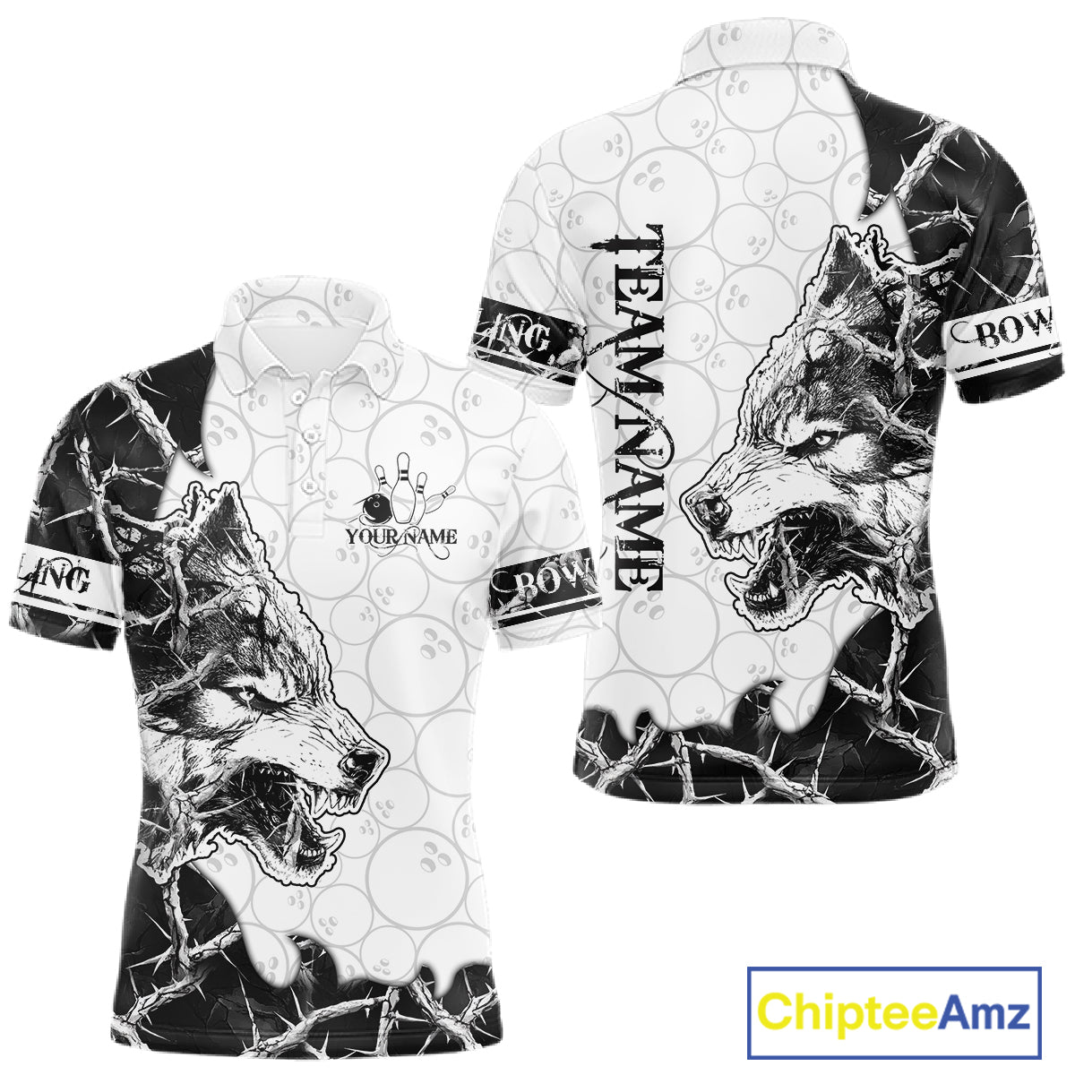 White Black Thorny Camo Wolf Bowling Shirt For Men Custom Bowling Team Jersey Polo & 1/4 Zip TDM6390
