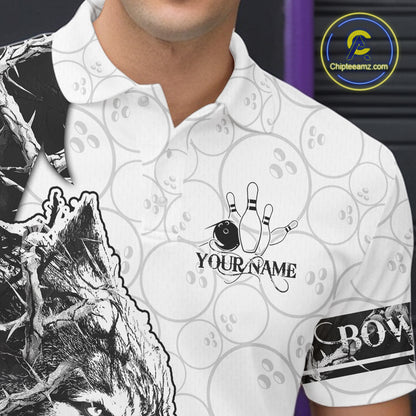 White Black Thorny Camo Wolf Bowling Shirt For Men Custom Bowling Team Jersey Polo & 1/4 Zip TDM6390