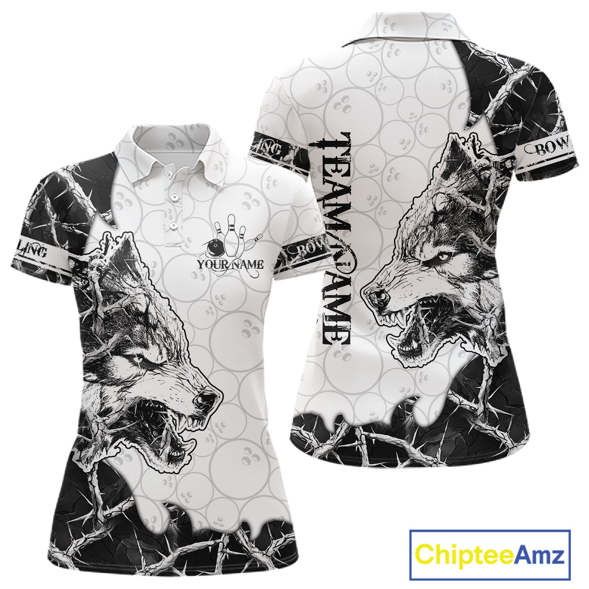 White Black Thorny Camo Wolf Bowling Shirt For Women Custom Bowling Team Jersey Polo & 1/4 Zip TDM6390