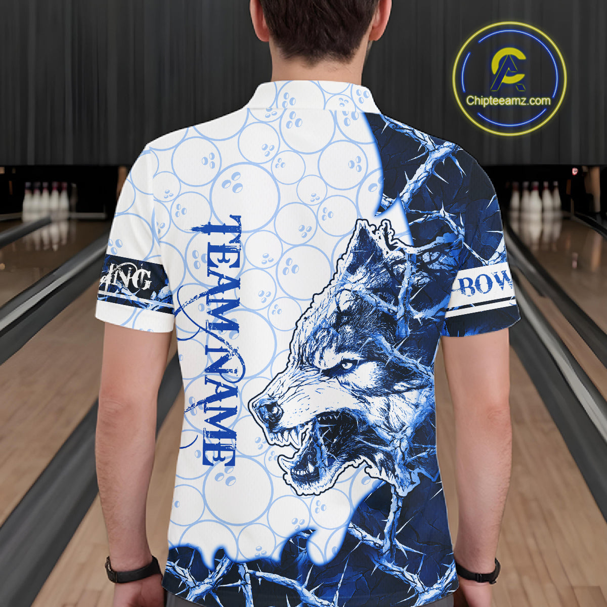 Personalized Blue Thorny Camo Wolf Bowling Shirt For Men Custom Bowling Team Jersey Polo & 1/4 Zip TDM6391