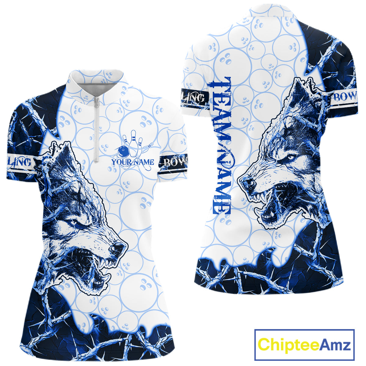Personalized Blue Thorny Camo Wolf Bowling Shirt For Women Custom Bowling Team Jersey Polo & 1/4 Zip TDM6391