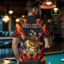 Load image into Gallery viewer, Back view of man wearing a Red flame 9 ball pool shirt in a billiards hall.