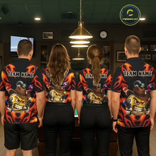 Load image into Gallery viewer, Back view of pool players wearing matching Red flame billiard shirts in a game room.