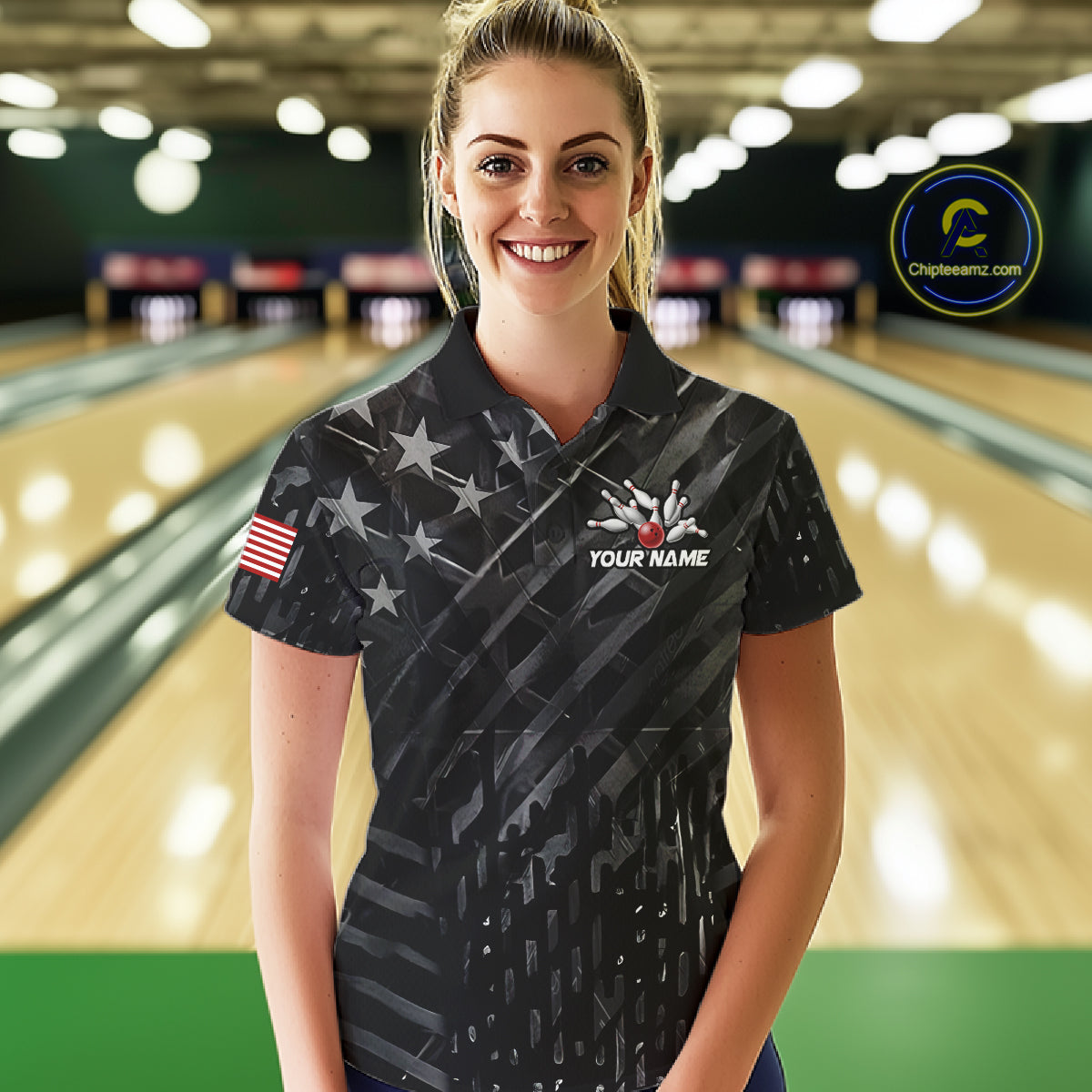 Woman wearing black American flag bowling team jersey polo shirt featuring patriotic American flag artwork, front view.