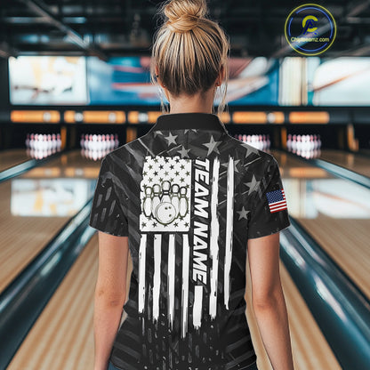 Woman wearing black American flag bowling team jersey polo shirt featuring patriotic American flag artwork, back view.