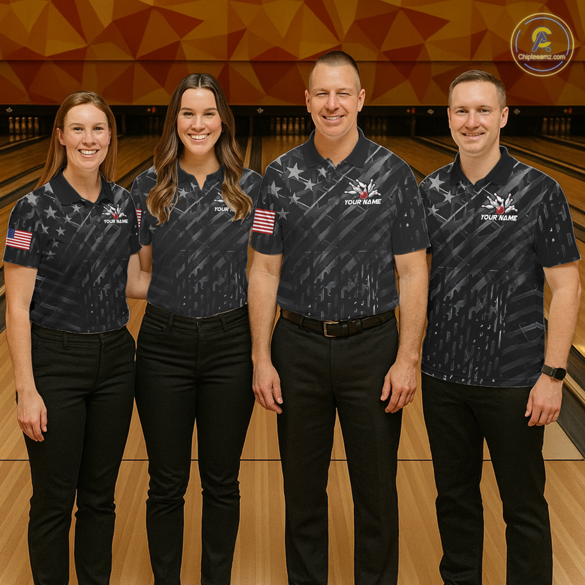 Bowling team wearing matching black American flag bowling team jerseys, front view.