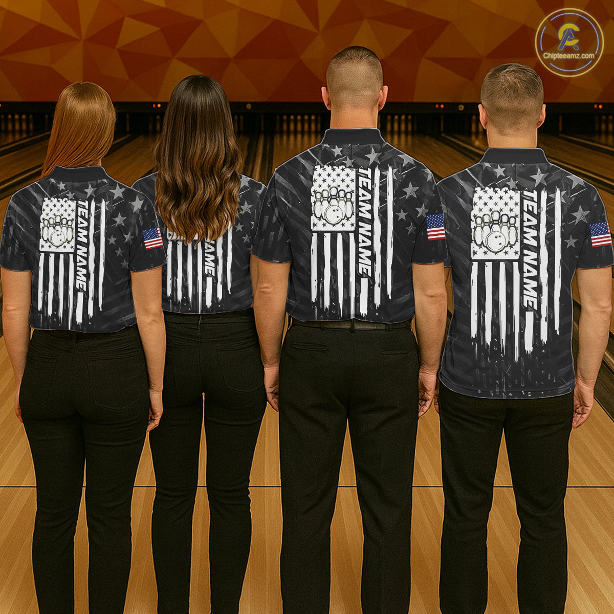 Bowling team wearing matching black American flag bowling team jerseys, back view.