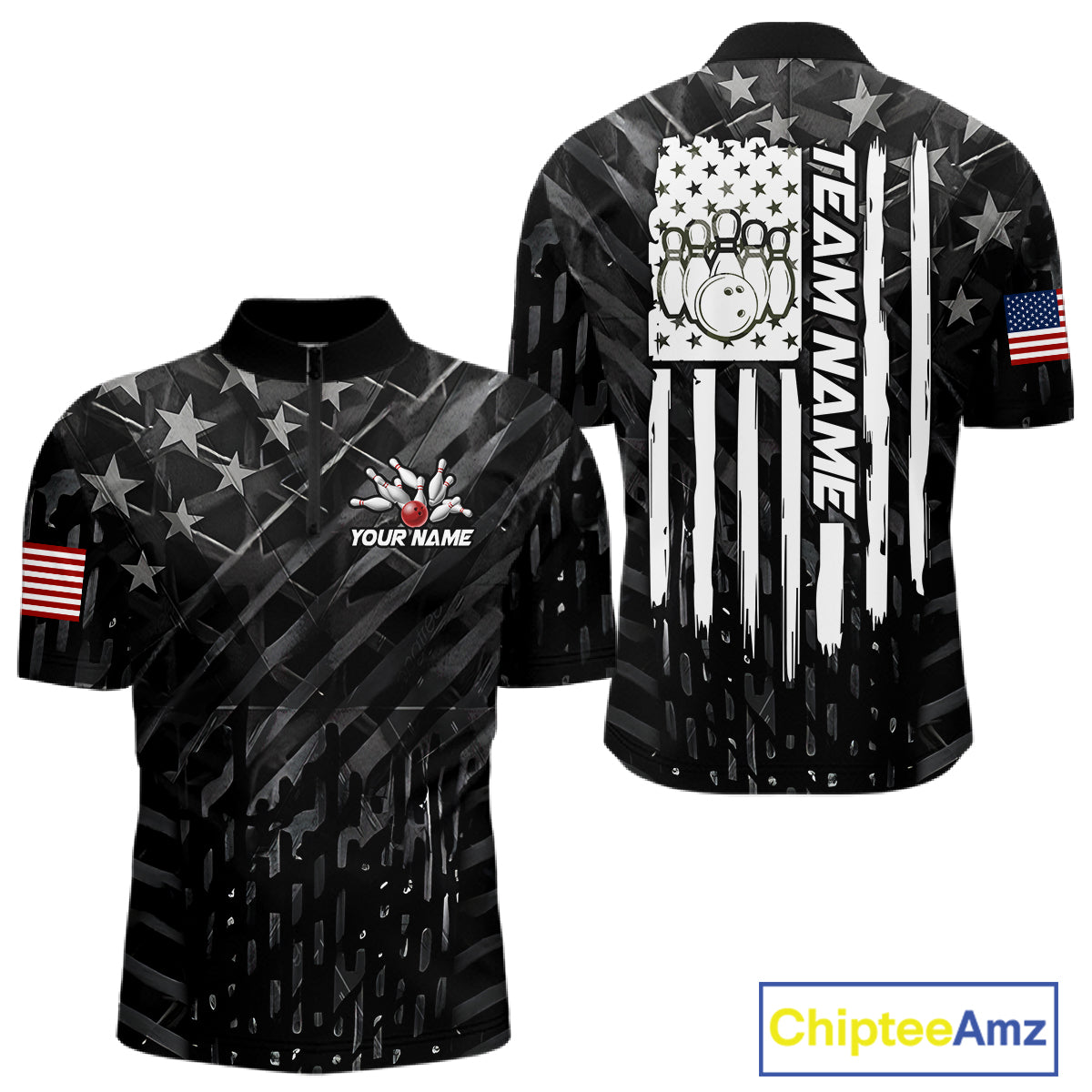 Black American flag bowling team jersey quarter zip shirt for men featuring bold patriotic American flag graphics, premium custom bowling apparel.