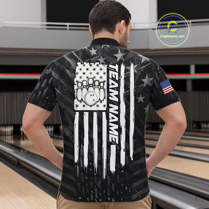 Man wearing black American flag bowling team jersey quarter zip shirt featuring patriotic American flag artwork, back view.