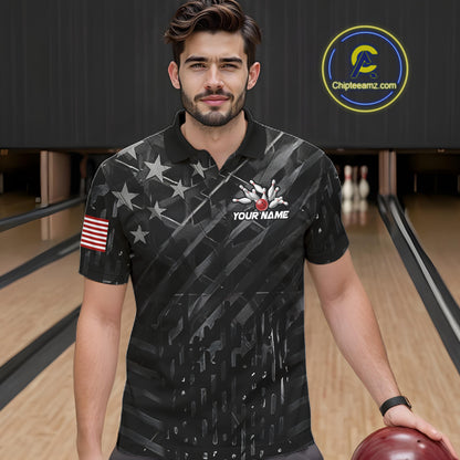 Man wearing black American flag patriotic bowling team jersey polo shirt featuring American flag artwork, front view.