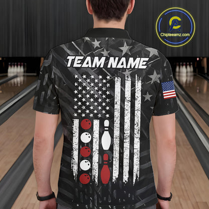 Man wearing black American flag patriotic bowling team jersey polo shirt featuring American flag artwork, back view.