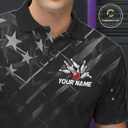 Close-up of black American flag patriotic bowling team jersey polo shirt featuring collar, buttons and American flag artwork.