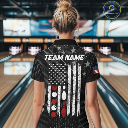 Woman wearing black American flag patriotic bowling team jersey polo shirt featuring American flag artwork, back view.