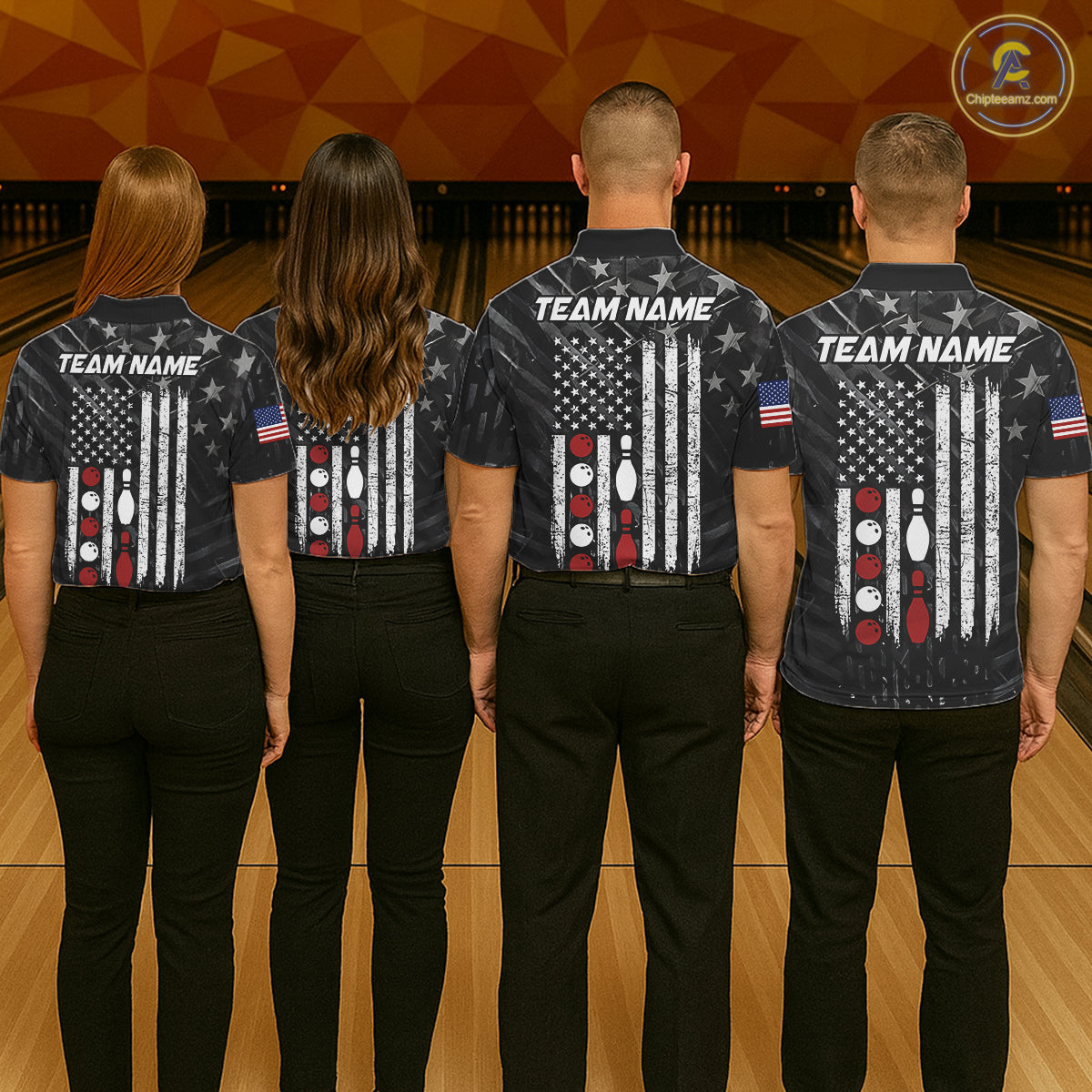 Bowling team wearing matching black American flag patriotic bowling team jerseys, back view.