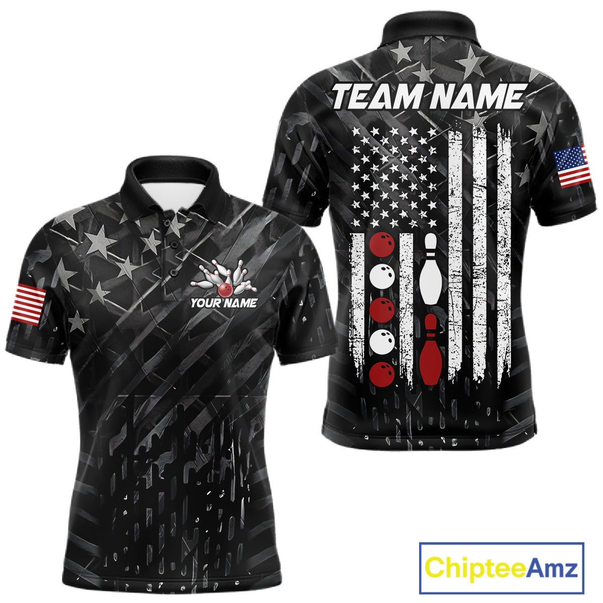 Black American flag patriotic bowling team jersey polo shirt for men featuring a distressed American flag design, premium custom patriotic bowling apparel.