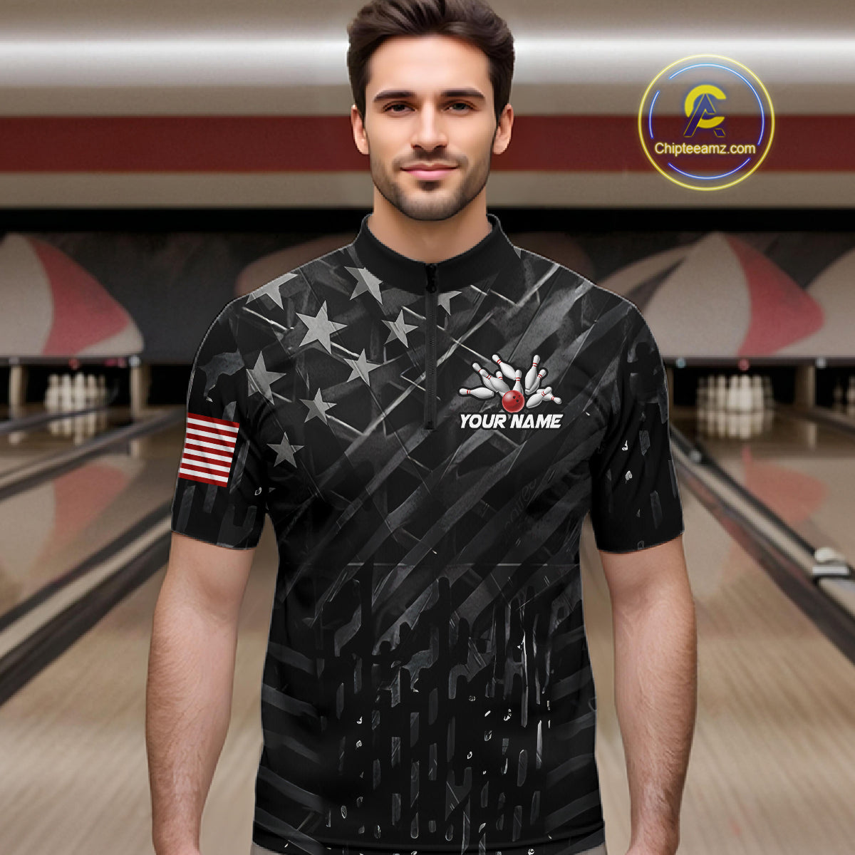 Man wearing black American flag patriotic bowling team jersey quarter zip shirt featuring American flag artwork, front view.