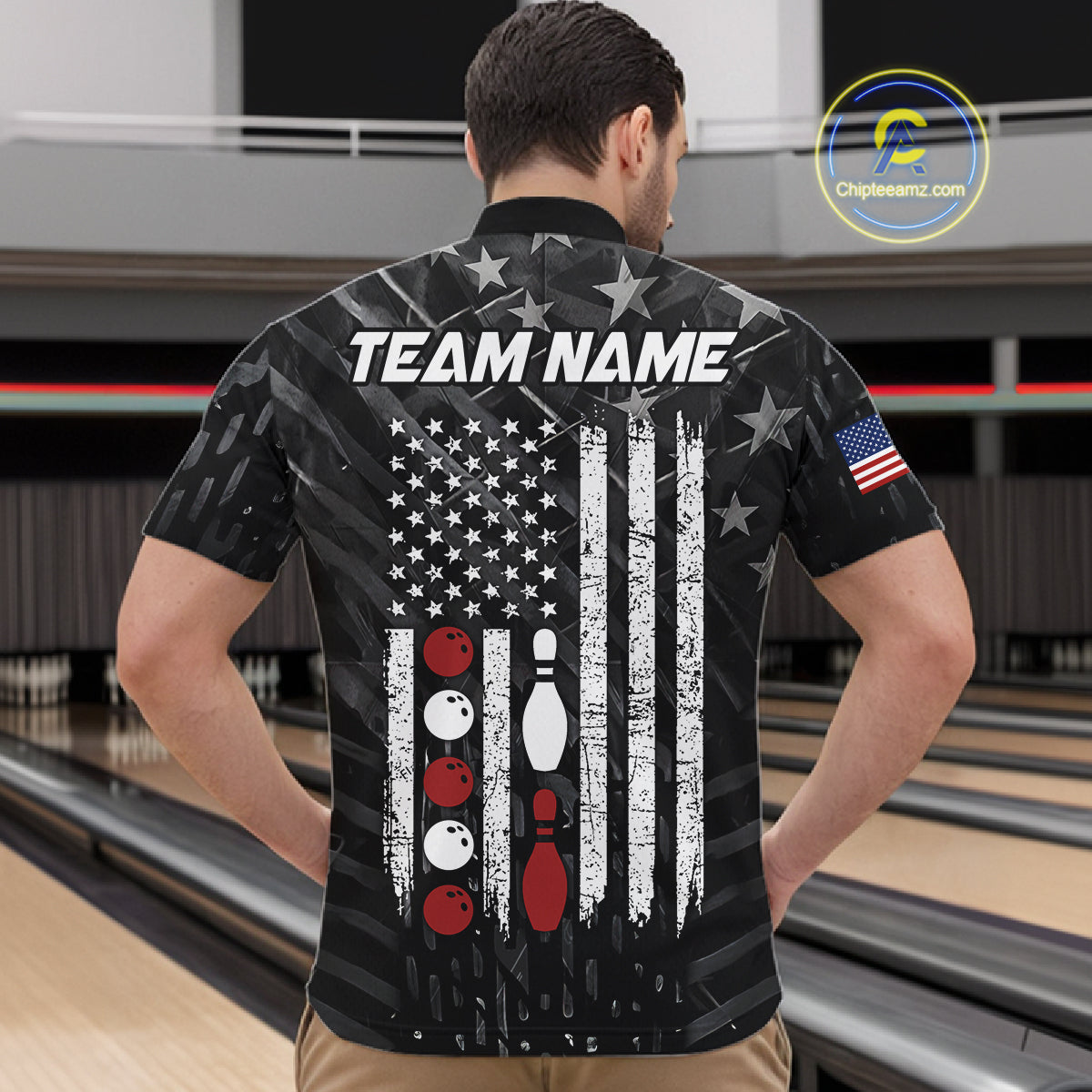 Man wearing black American flag patriotic bowling team jersey quarter zip shirt featuring American flag artwork, back view.
