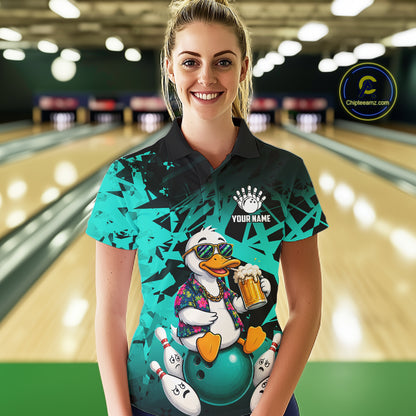 Woman wearing personalized turquoise funny duck beer bowling team jersey polo shirt featuring funny duck beer artwork, front view.
