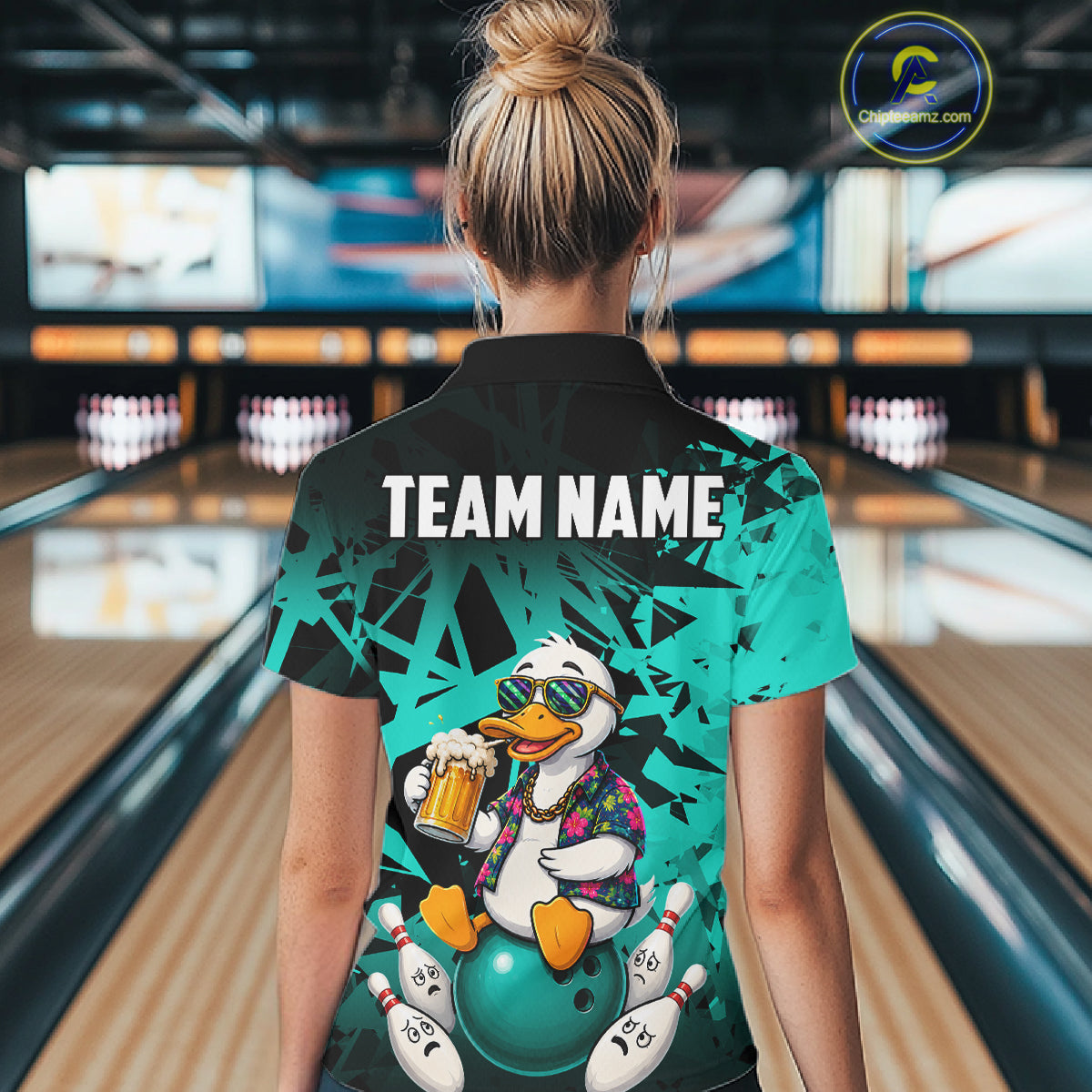 Woman wearing personalized turquoise funny duck beer bowling team jersey polo shirt featuring funny duck beer artwork, back view.