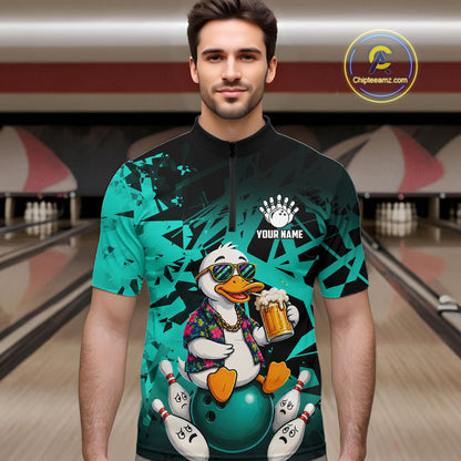 Man wearing personalized turquoise funny duck beer bowling team jersey quarter zip shirt featuring funny duck beer artwork, front view.