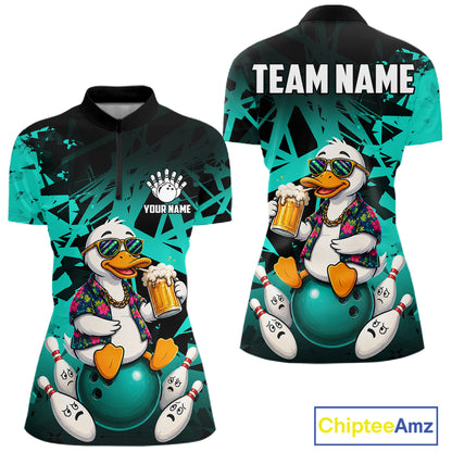 Personalized turquoise funny duck beer bowling team jersey quarter zip shirt for women featuring funny duck beer artwork, premium custom bowling apparel.