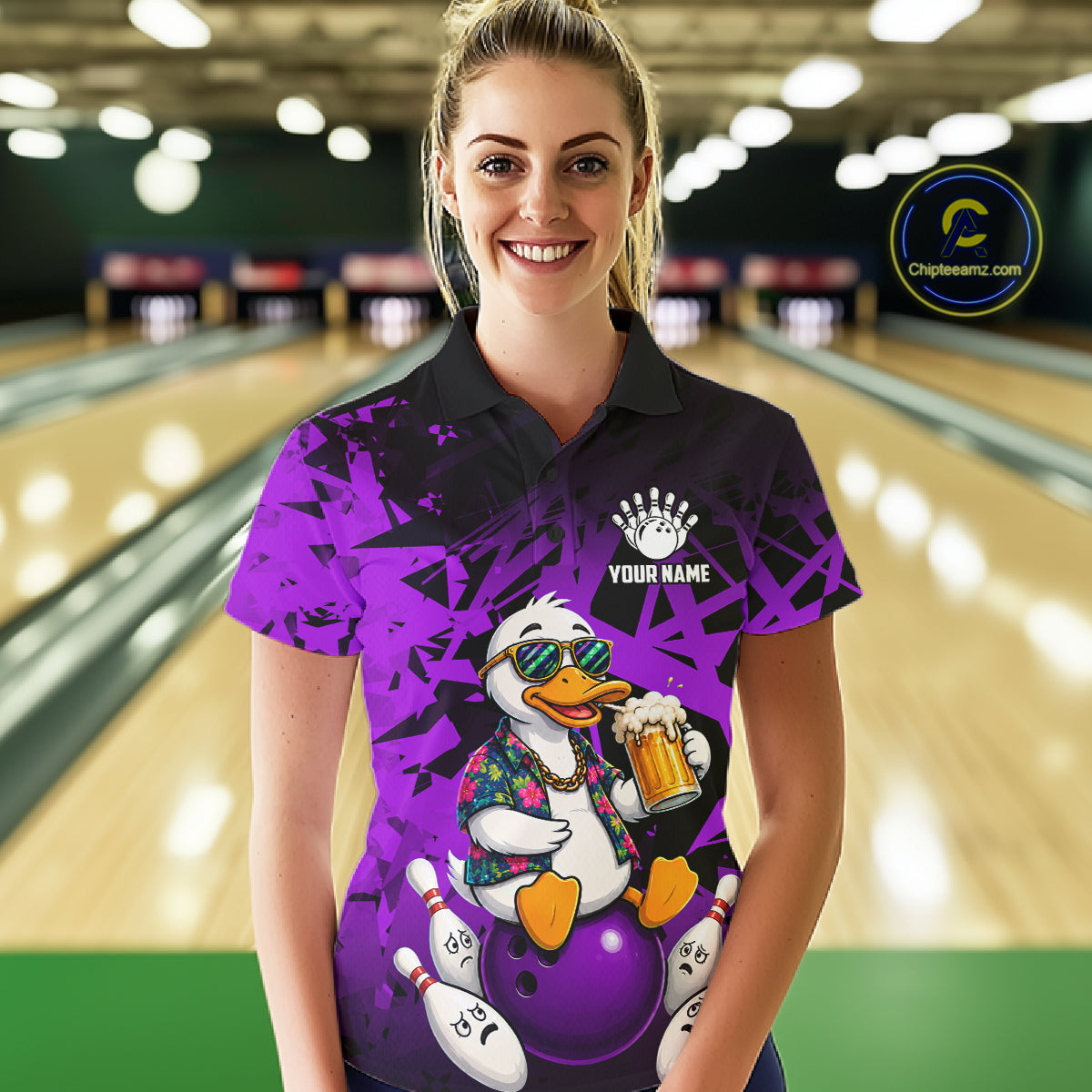 Woman wearing personalized purple funny duck beer bowling team jersey polo shirt featuring funny duck beer artwork, front view.