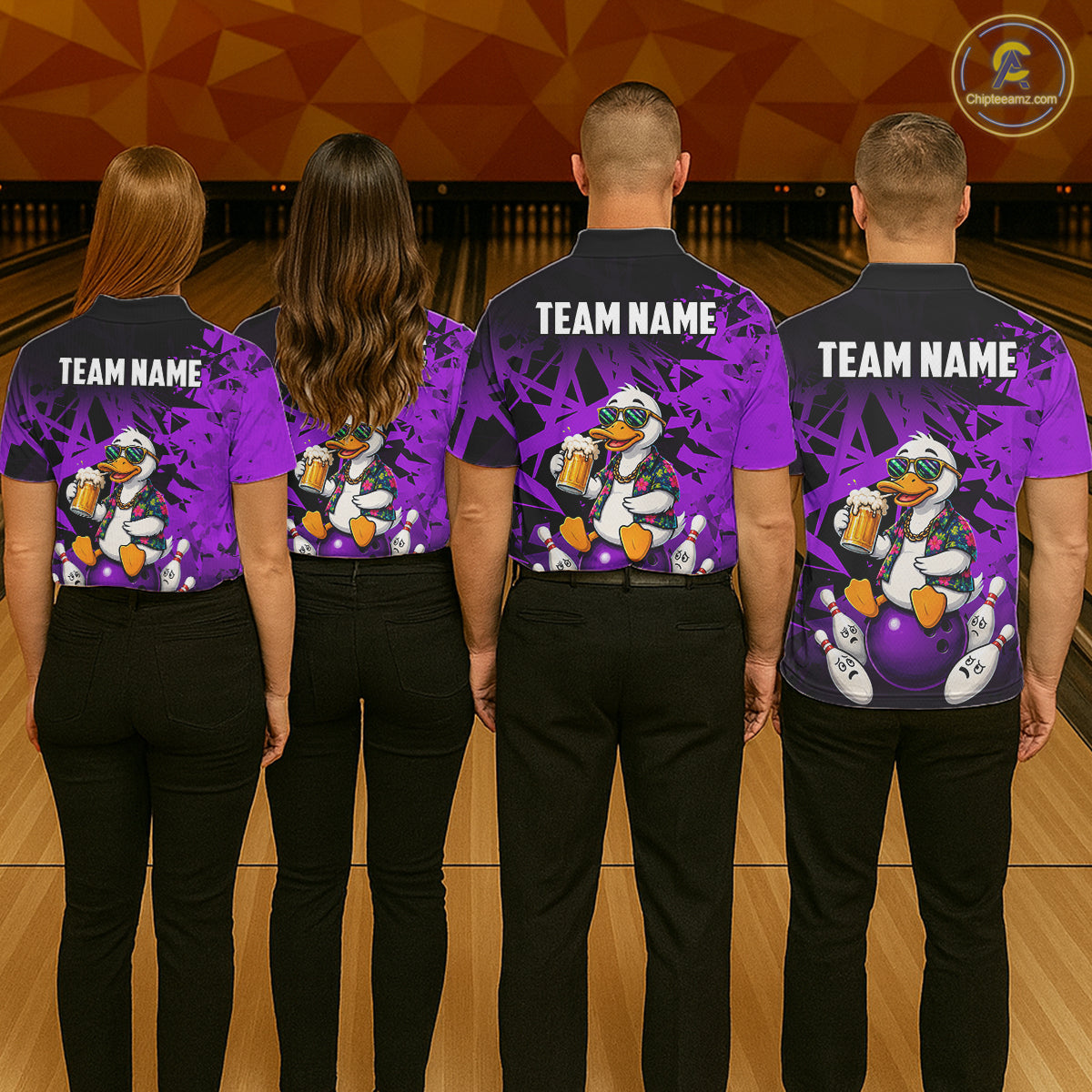 Bowling team wearing matching personalized purple funny duck beer bowling team jerseys, back view.