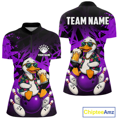 Personalized purple funny duck beer bowling team jersey quarter zip shirt for women featuring funny duck beer artwork, premium custom bowling apparel.