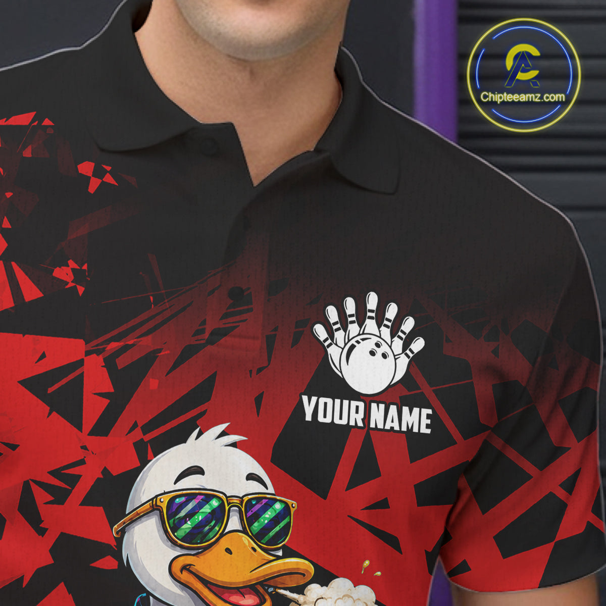 Close-up of personalized red funny duck beer bowling team jersey polo shirt featuring collar, buttons and funny duck beer artwork.