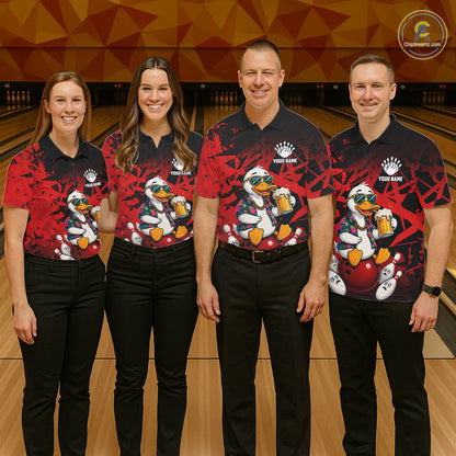Bowling team wearing matching personalized red funny duck beer bowling team jerseys, front view.