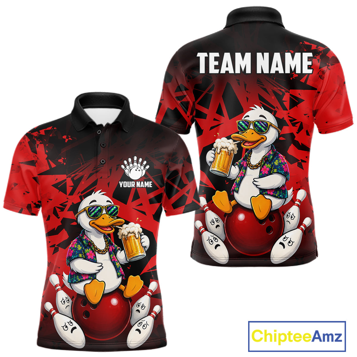 Personalized red funny duck beer bowling team jersey polo shirt for men featuring a funny duck drinking beer design, premium custom bowling team apparel and gift for bowlers.