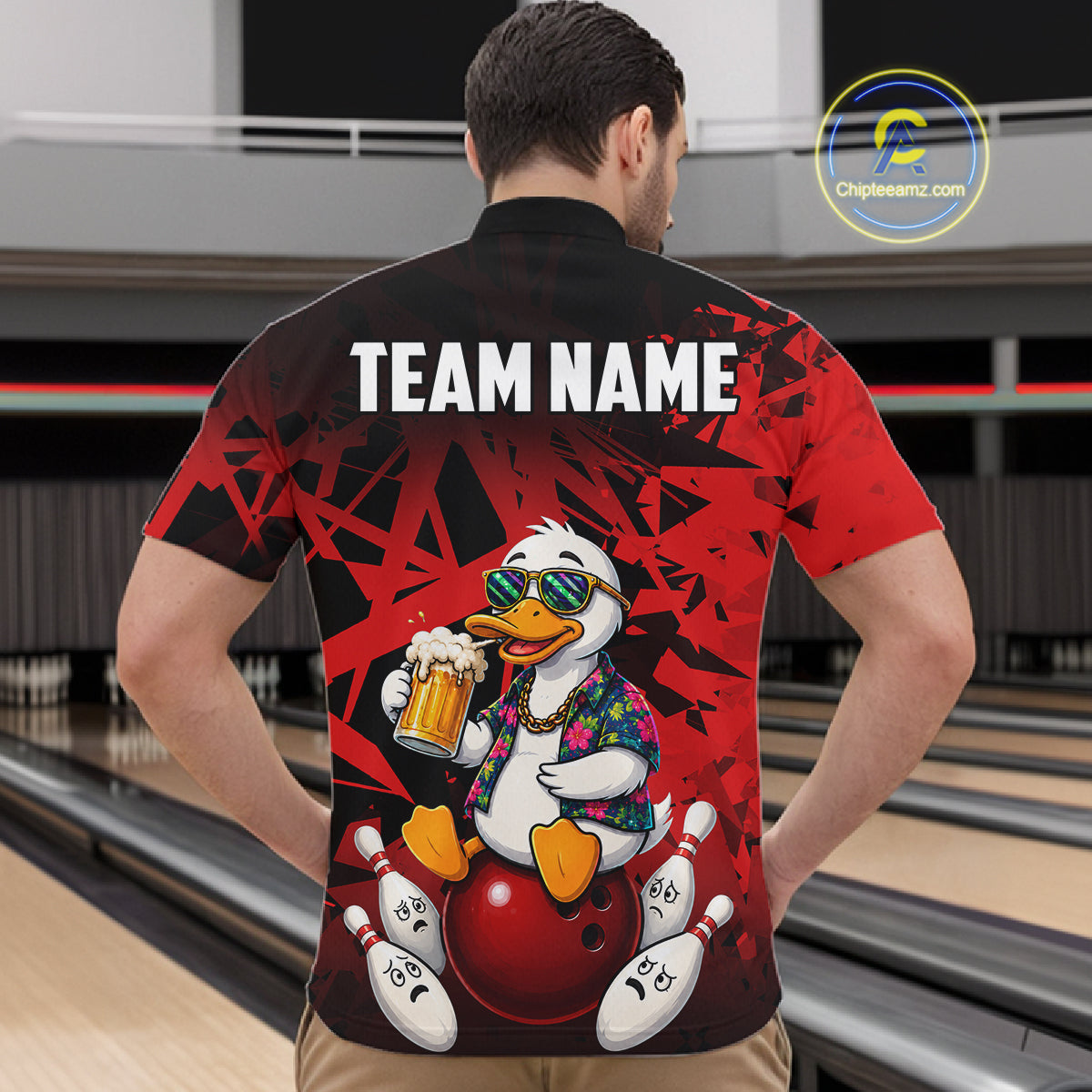 Man wearing personalized red funny duck beer bowling team jersey quarter zip shirt featuring funny duck beer artwork, back view.