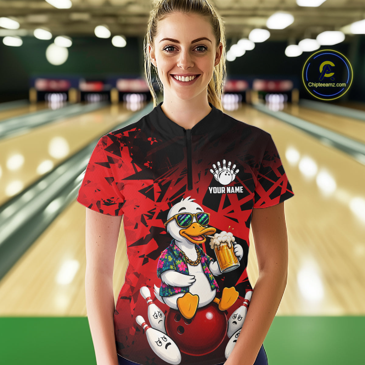 Woman wearing personalized red funny duck beer bowling team jersey quarter zip shirt featuring funny duck beer artwork, front view.