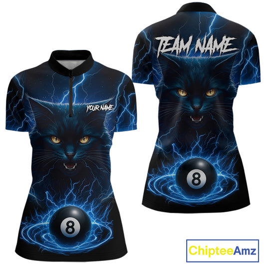 Blue 8 Ball Thunder Lightning Cat Billiard Shirt For Women Custom Pool Team Jersey Polo & 1/4 Zip TDM5065