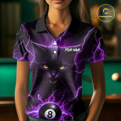 Purple 8 Ball Thunder Lightning Cat Billiard Shirt For Women Custom Pool Team Jersey Polo & 1/4 Zip TDM5066