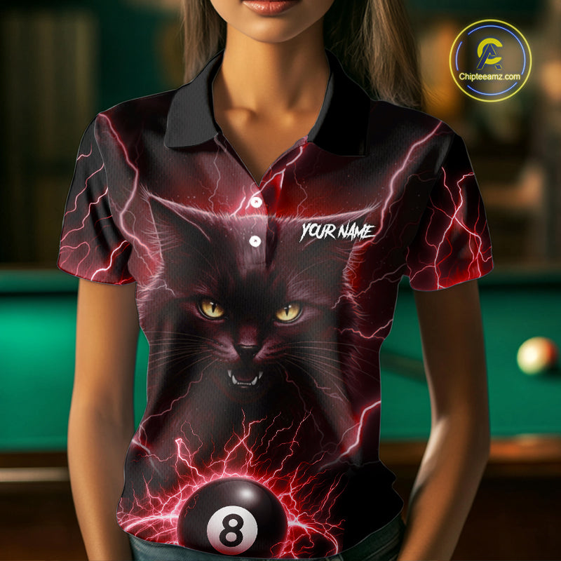 Red 8 Ball Thunder Lightning Cat Billiard Shirt For Women Custom Pool Team Jersey Polo & 1/4 Zip TDM5067