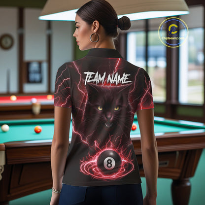 Red 8 Ball Thunder Lightning Cat Billiard Shirt For Women Custom Pool Team Jersey Polo & 1/4 Zip TDM5067