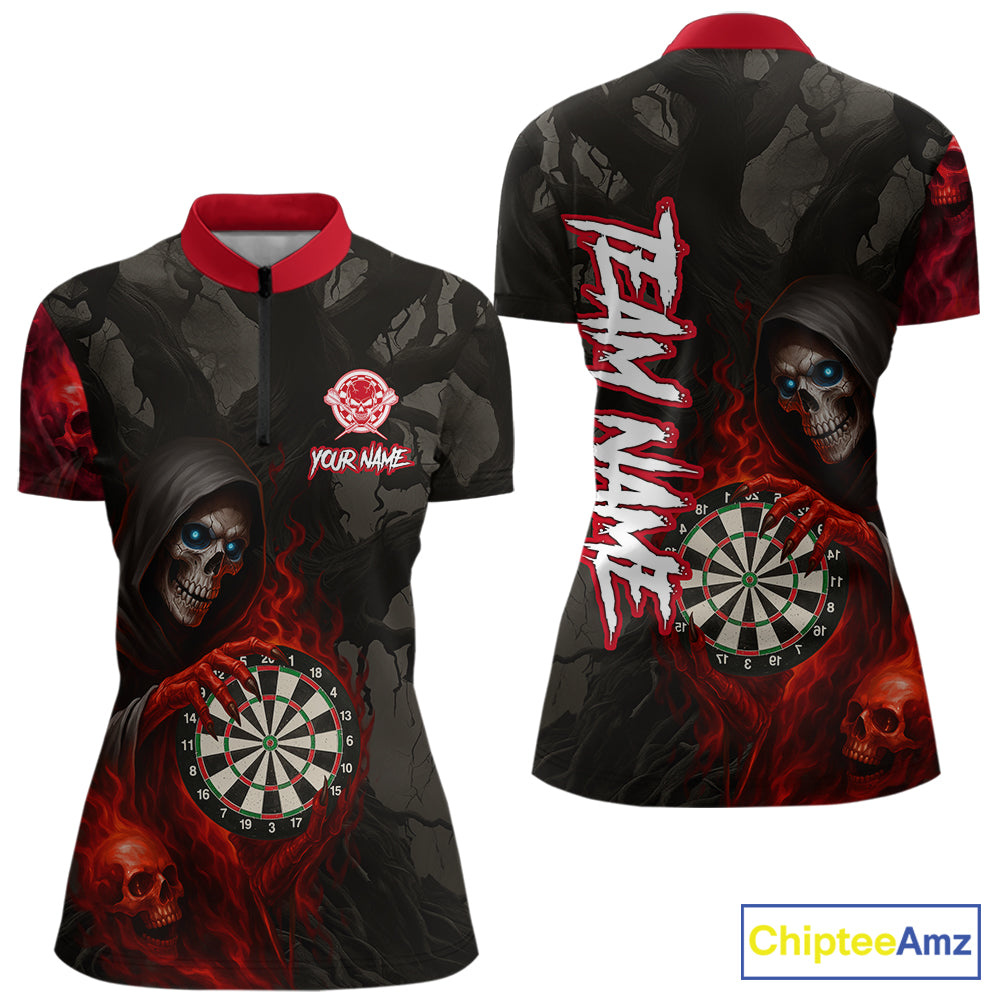 Red Grim Reaper Flame Darts Shirt For Women Custom Skull Darts Jersey Team Polo & Quarter Zip TDM5529