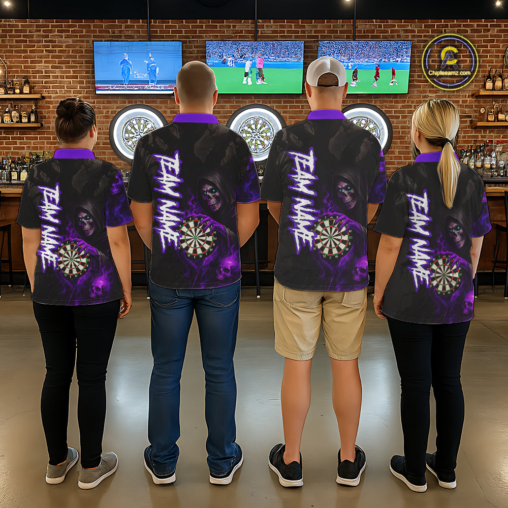 Purple Grim Reaper Flame Darts Shirt For Women Custom Skull Darts Jersey Team Polo & Quarter Zip TDM5530