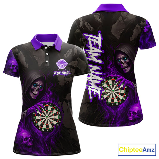 Purple Grim Reaper Flame Darts Shirt For Women Custom Skull Darts Jersey Team Polo & Quarter Zip TDM5530
