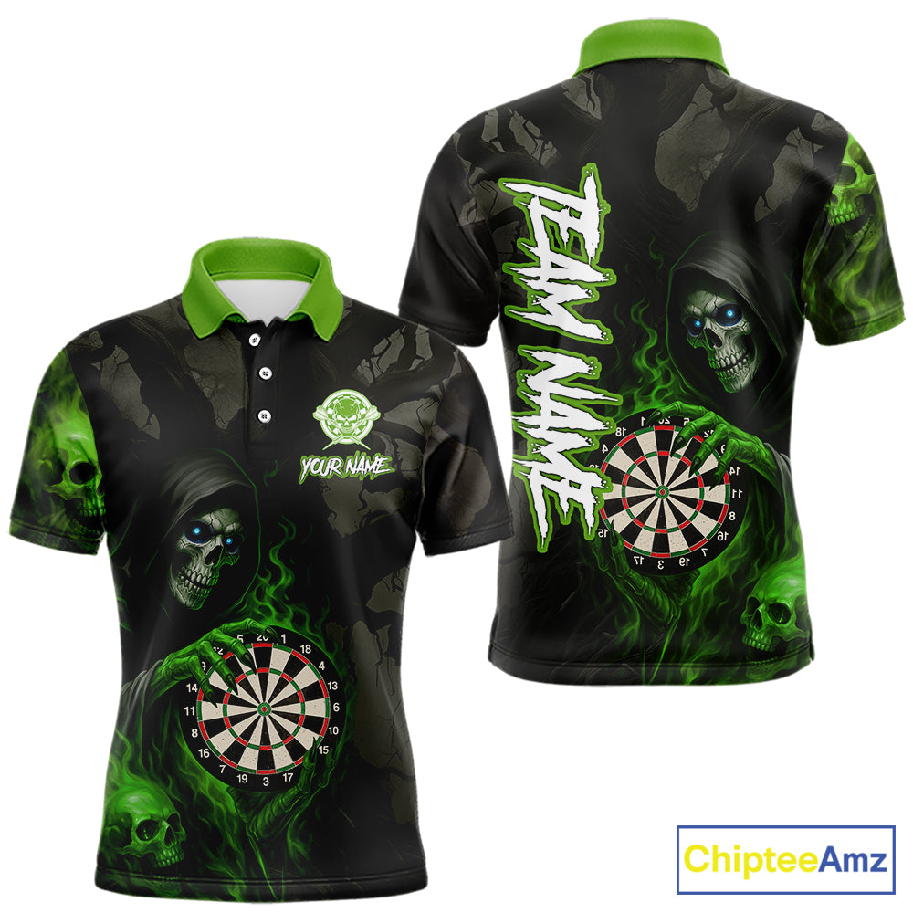 Green Grim Reaper Flame Darts Shirt For Men Custom Skull Darts Jersey Team Polo & Quarter Zip TDM5531
