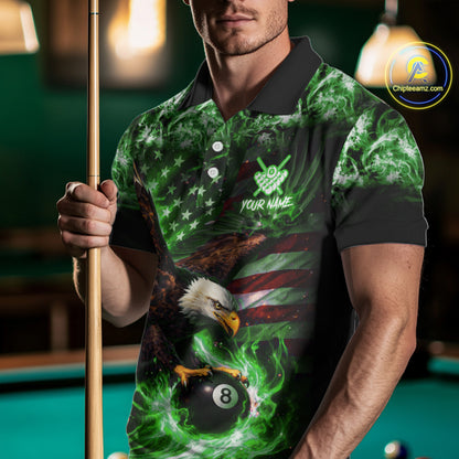 Green Flaming Eagle 8 Ball Billiard Shirt For Men Custom US Flag Pool Team Jersey Polo & 1/ 4 Zip TDM6153
