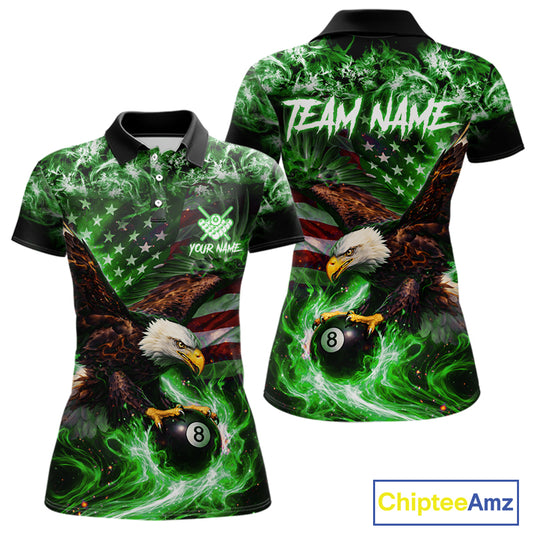 Green Flaming Eagle 8 Ball Billiard Shirt For Women Custom US Flag Pool Team Jersey Polo & 1/ 4 Zip TDM6153