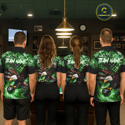 Green Flaming Eagle 8 Ball Billiard Shirt For Men Custom US Flag Pool Team Jersey Polo & 1/ 4 Zip TDM6153