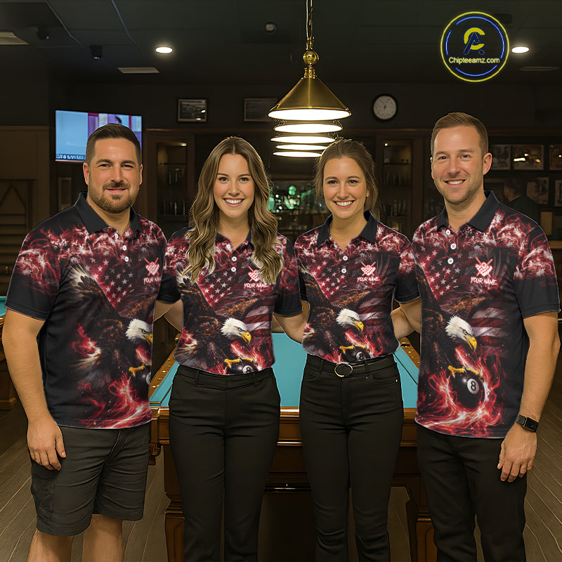 Red Flaming Eagle 8 Ball Billiard Shirt For Men Custom US Flag Pool Team Jersey Polo & 1/ 4 Zip TDM6154