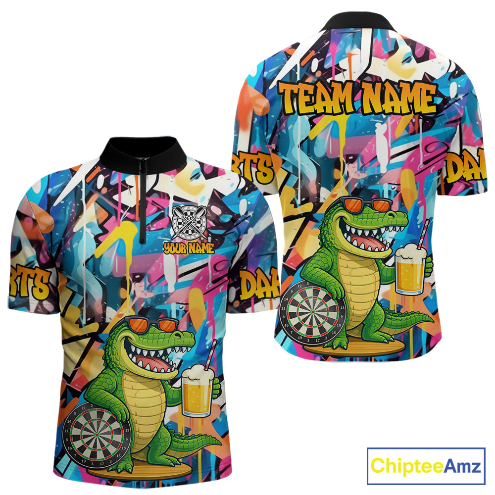 Funny Alligator Colorful Graffiti Darts Shirt For Men Custom Darts Team Jersey Polo & 1/4 Zip TDM6392
