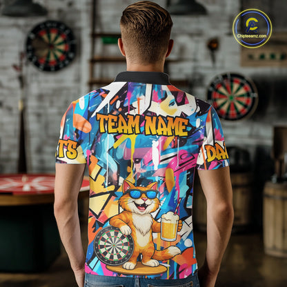Funny Cat Colorful Graffiti Darts Shirt For Men Custom Darts Team Jersey Polo & 1/4 Zip TDM6393